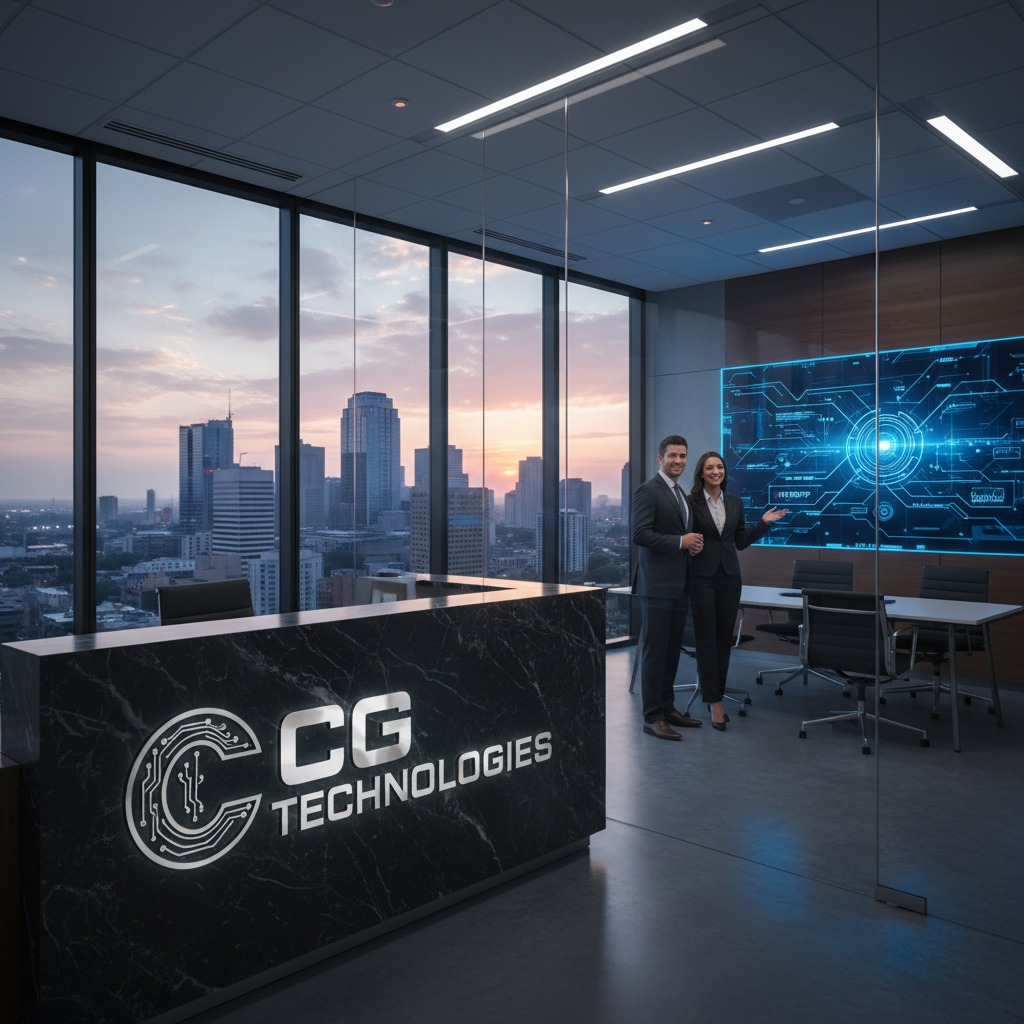 Two business professionals stand in a modern high-rise office featuring a marble reception desk with the CG Technologies logo, large floor-to-ceiling windows showing a city sunset, and a glowing digital display on the wall.