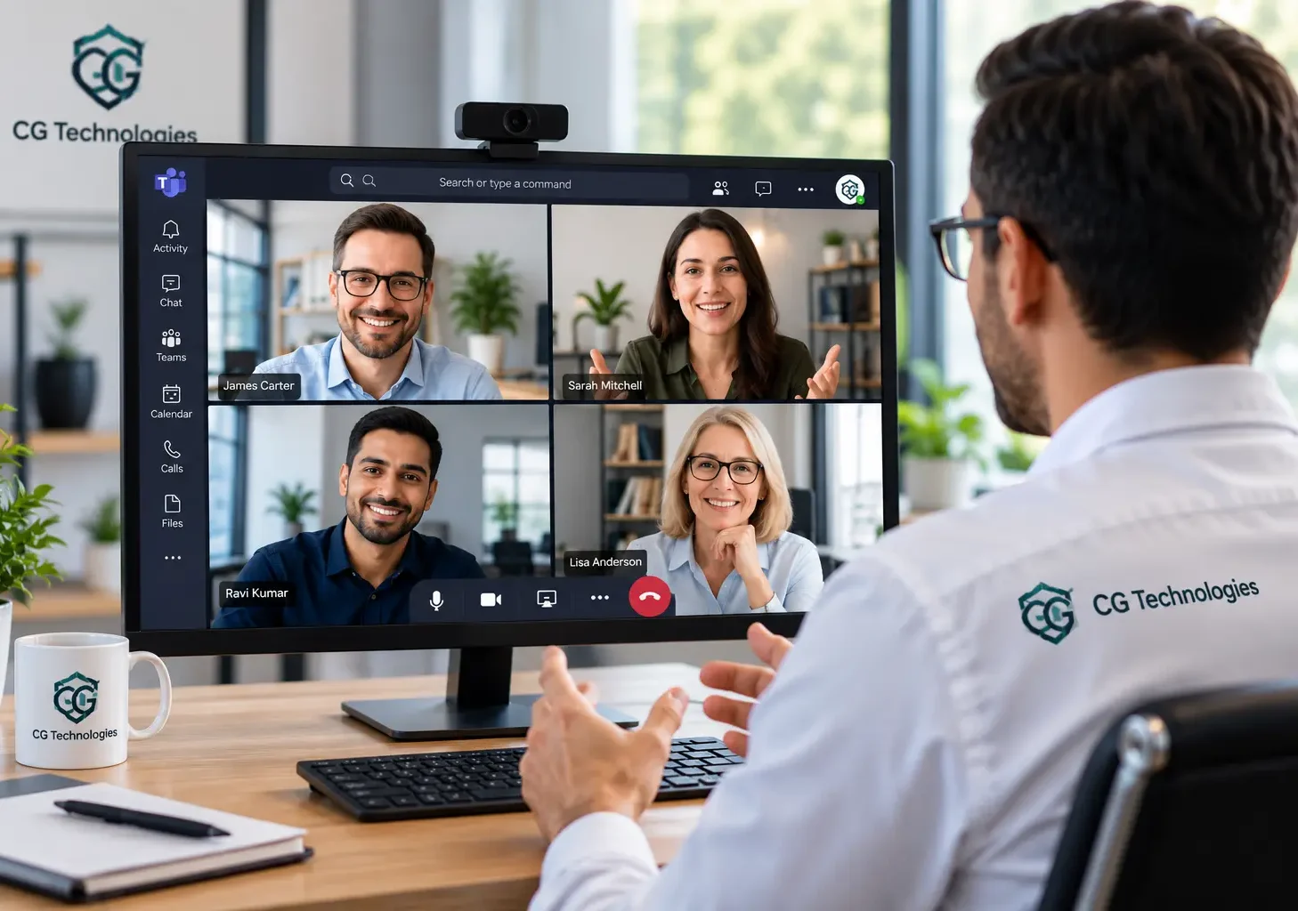 CG Technologies team member in branded shirt during a Microsoft Teams video meeting